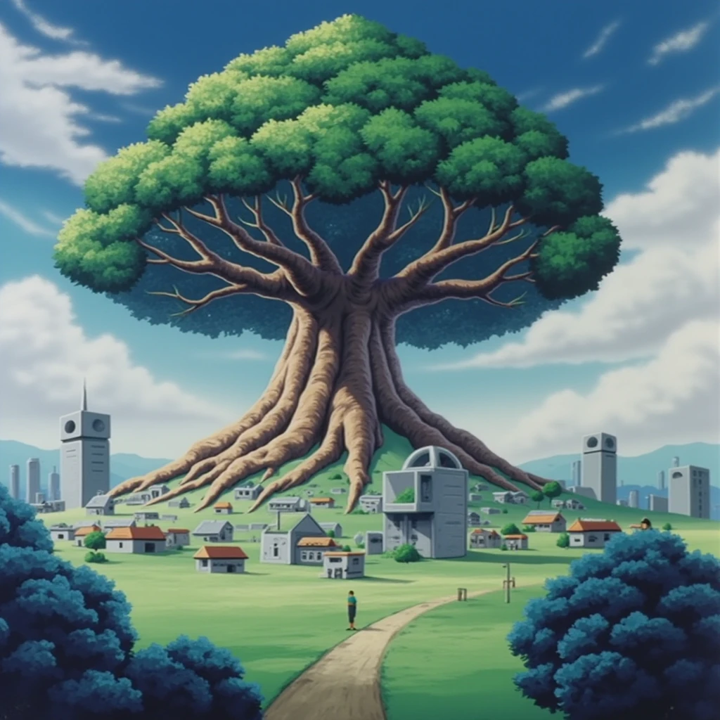 In style of Windaria. A serene landscape where a massive, ancient tree grows from the center of a futuristic city, its roots and branches integrated into the architecture.