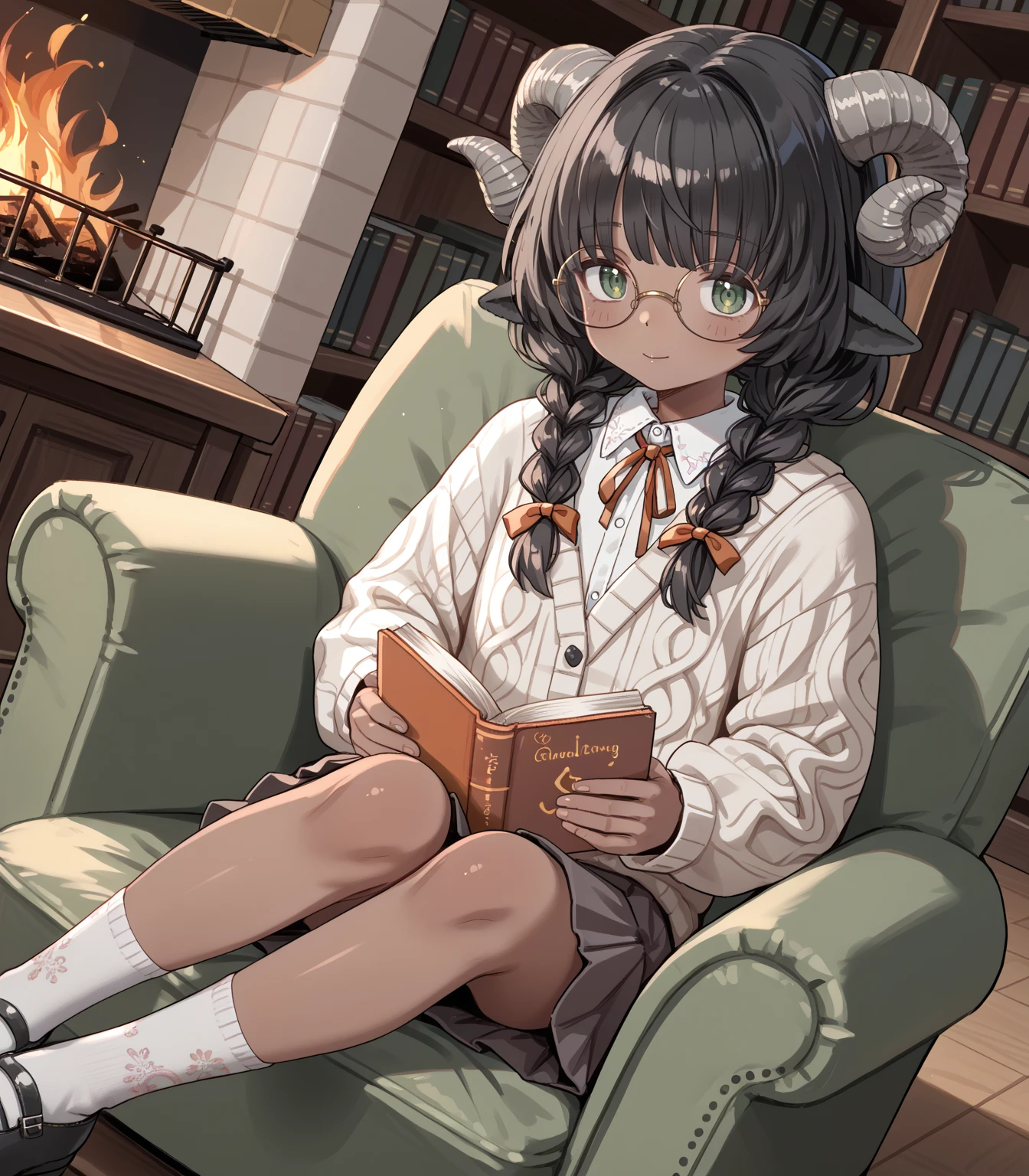 score_9, score_8_up, score_7_up, score_6_up, score_5_up, score_4_up, source_anime, BREAK
1girl, solo, full body,
kyub4lt, sheep horns, sheep ears, black hair, green eyes, dark-skinned female, glasses, twin braids,
sweater, collared shirt, skirt, socks, mary janes,
library, sitting, armchair, reading, holding book, dutch angle, fireplace,
 <lora:kyubalt_kyub4lt_v1:0.9>