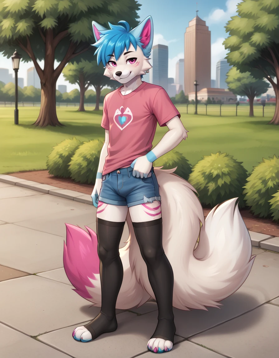 outdoors,park,
Oliver,1boy,solo,blue hair,furry male,fox,animal ears,pink eyes,white fur,body fur,short hair,tail,bangs,two-tone fur,animal nose,snout,fox tail,fox ears,purple eyes,animal ear fluff,
full body,seductive smile,long eyelashes,
denim shorts, pink t-shirt, black thighhighs, 
<lora:Oliver_v01_PDXL:1>,