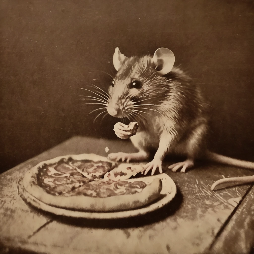 nostellum rat eating pizza<lora:nostellum:1>