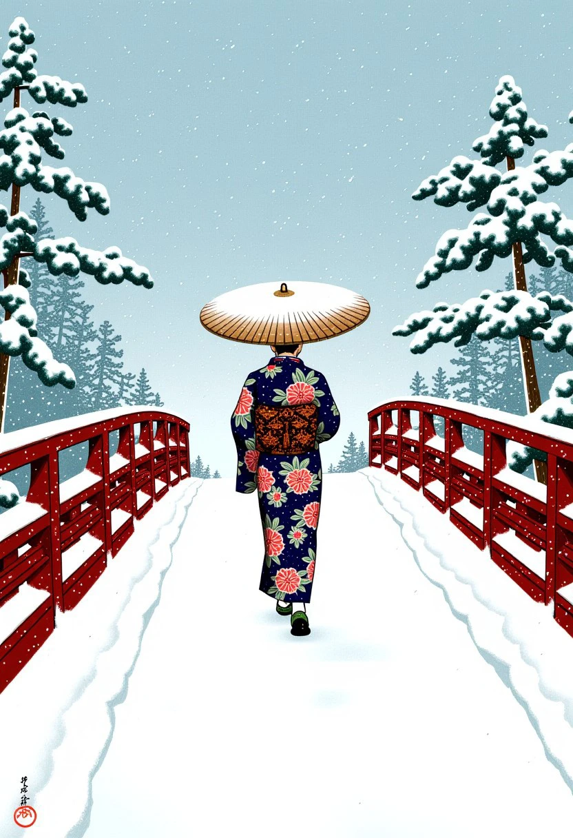 A woman in a kimono holding a wooden umbrella, she is walking in a snowstorm. Snow is  blowing all around. A scene of beautiful white snow. On top of a Japanese bridge. Hkawa