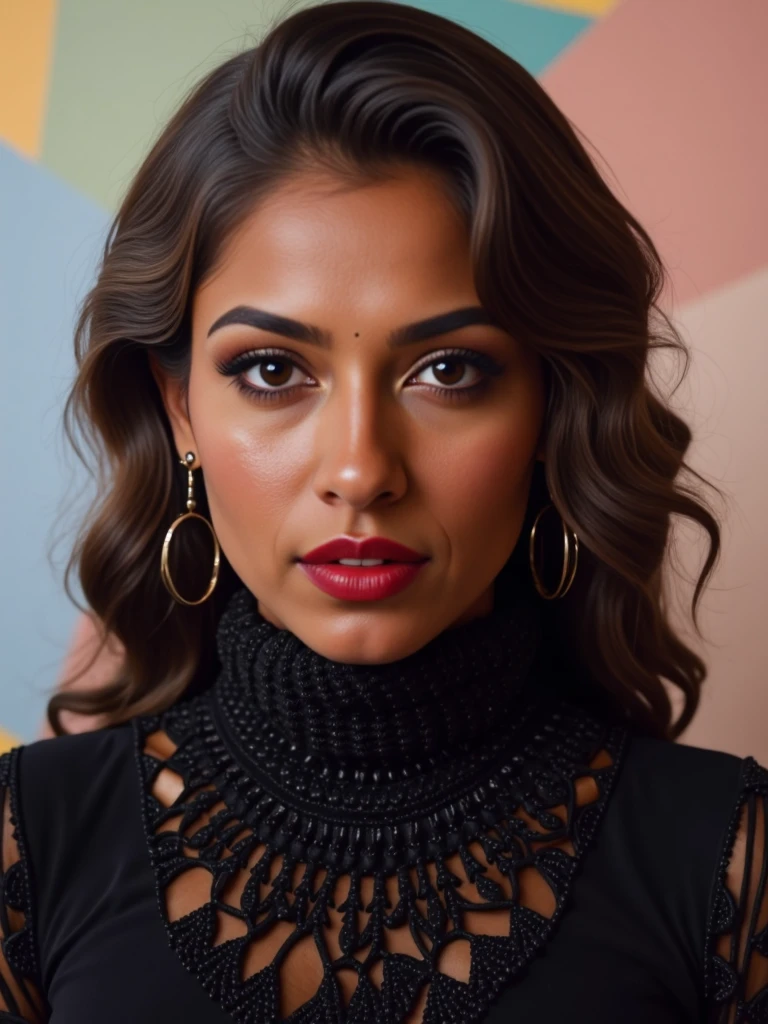 headshot photo of desi_medium  skin color athletic woman, candid photo with natural colors, serious expression on face,studio quality, wearing intricate conservative turtleneck Black Lehenga Choli, curls, constrasting pastel multicolored background, cinematic soft lighting <lora:DesiCoffee_Flux_Kohya_LoRA_v2:1>âââ