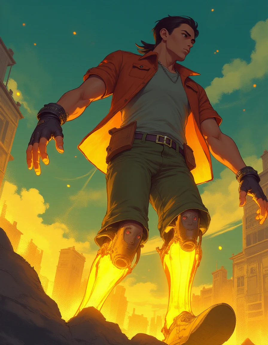 semi realism anime style, man with a glowing yellow prosthetic leg,  action scene   <lora:Glowing_Prosthetic:1>