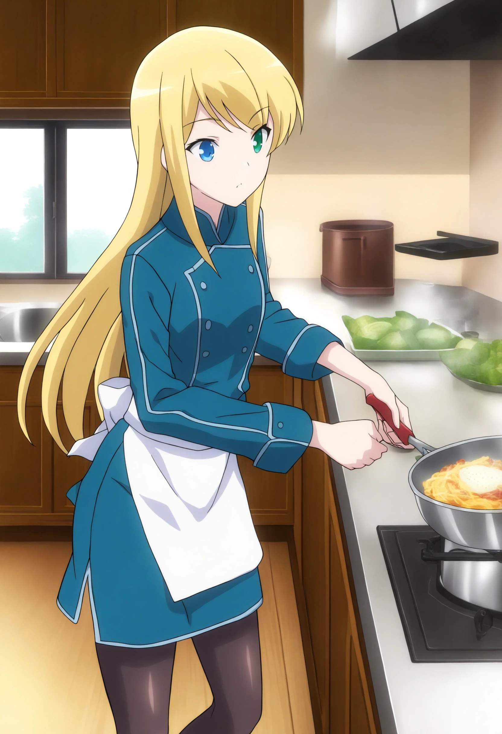 <lora:Yumina Ernea Belfast - [In Another World With My Smartphone] - illustriousXL v1:1>, sysdeep_yumina, blonde hair, heterochromia, blue eye, green eye, solo, chef's jacket, cooking, in a bustling kitchen, midday, colorful ingredients,