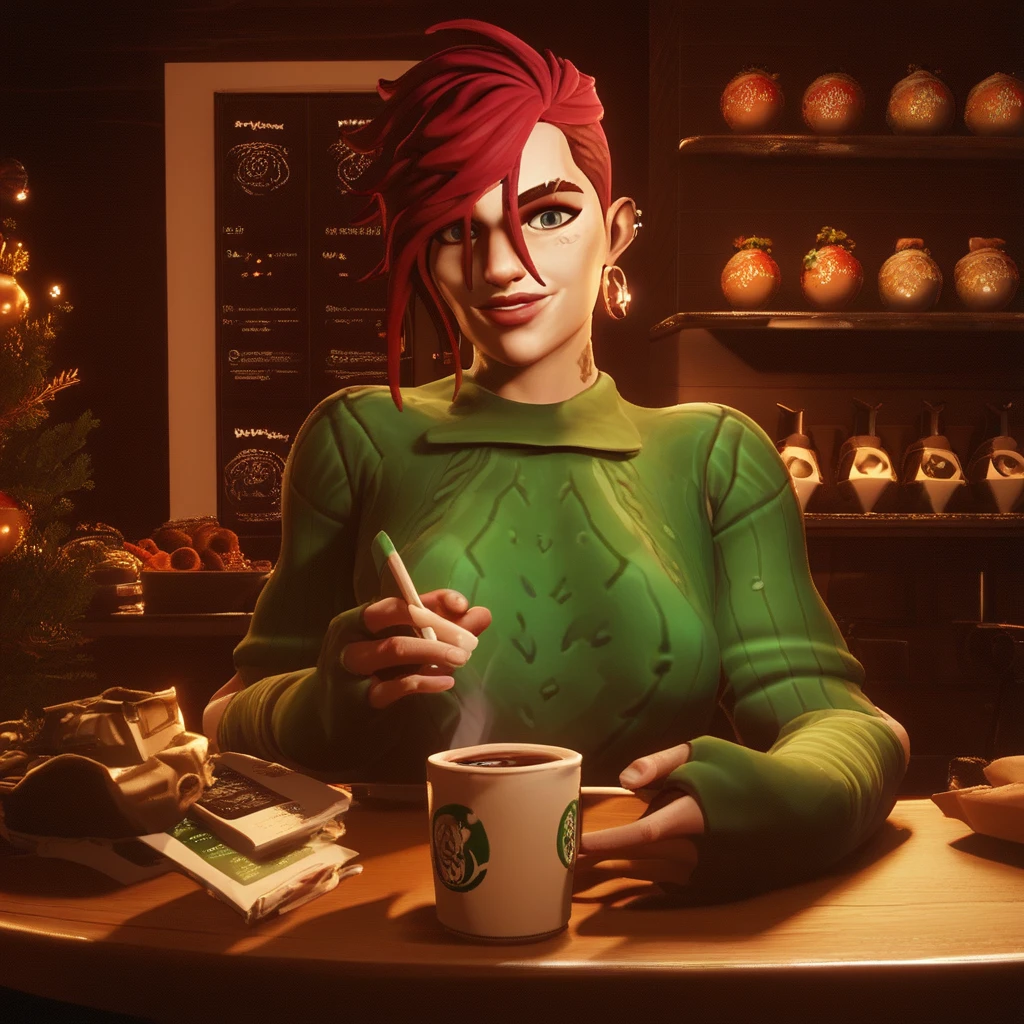 score_9, score_8_up, score_7_up Arcane Vi  in a coffee shop looking at viewer smile wearing a xmas sweater