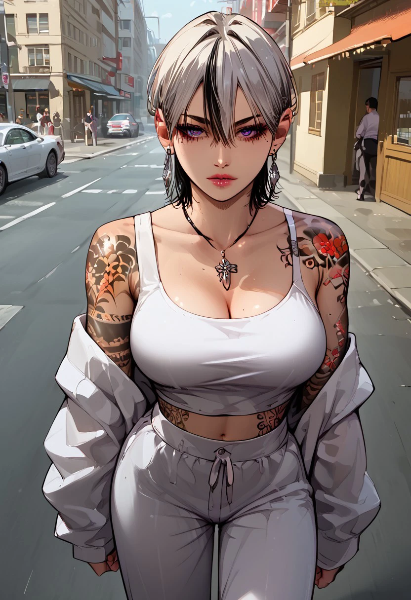 score_9, score_8_up, score_7_up, (source_anime), 1girl, (masterpiece, best quality, ultra-detailed, high quality, high res), solo, 1girl, perfect female anatomy, Takeda Kaneshiro,Hair(Hafl white half black),Wolf cut mullet,Short hair,Purple eyes,Tattoos,Long earrings,Necklace, large breasts, white kimono, white tank top, slightly exposed black bra, navel, necklace, long earrings on one side, white elastic pants, full body, on street, white sneakers, one shoulder kimono