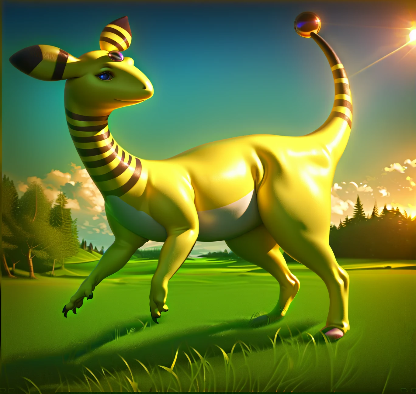 score_9, score_8_up, score_7_up, score_6_up, score_5_up ((best quality, high quality, absurdres, Feral, tail, animal focus, stubby legs, stubby arms, standing, biped, yellow body, )) rating: explicit, (Detailed background, grass field, tree, blue sky, ) by kenket, by darkgem, by dullyarts, by plattyneko, by Thousandfoldfeathers, extremely detailed, highres, detailed shading, Volumetric lighting, natural lighting, vibrant colors, FujiFilm XT3,   <lora:Ampharos-Definitive_Edition_r1:1> (((amphdx, ampharos,))) pokemon, pokemon (creature), <lora:BackgroundDetailerV3:1> anime