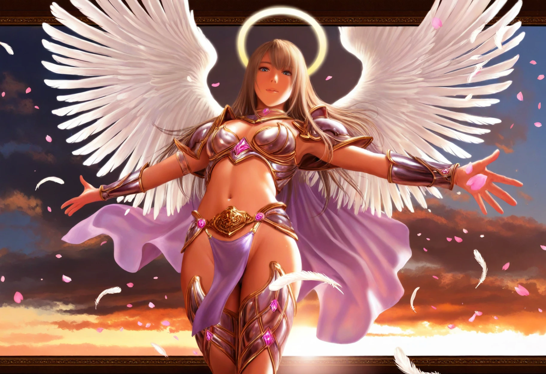 safe, masterpiece, best quality, 1girl, solo, angel, bikini armor, shiny armor, pelvic curtain, low-angle view, spread arms, floating, feathers, petals, sunset, clouds, looking down at viewer, bright, backlighting
<lora:Azazel1944_NAIXL_v10-2:1>