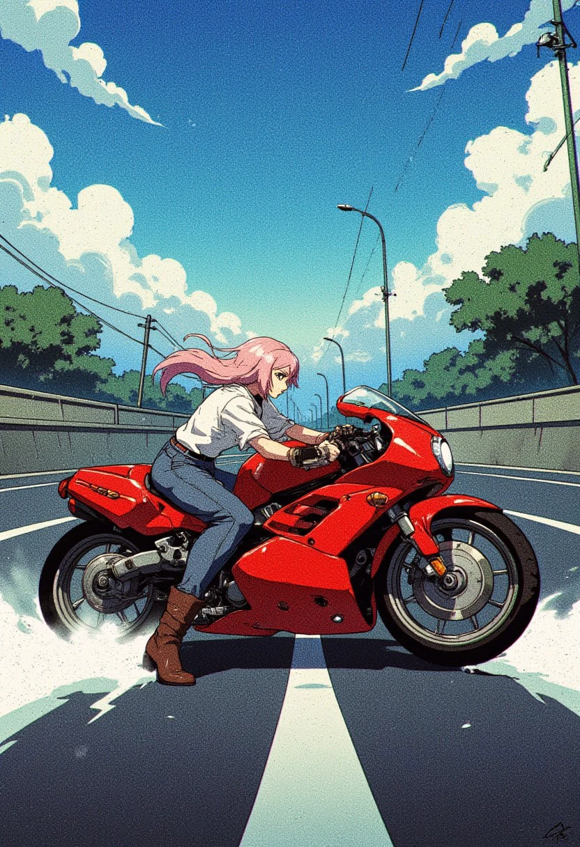 Retro anime image of a woman sliding her large red motorcycle across the road, AkSlide,nereirfpnxl, frieren