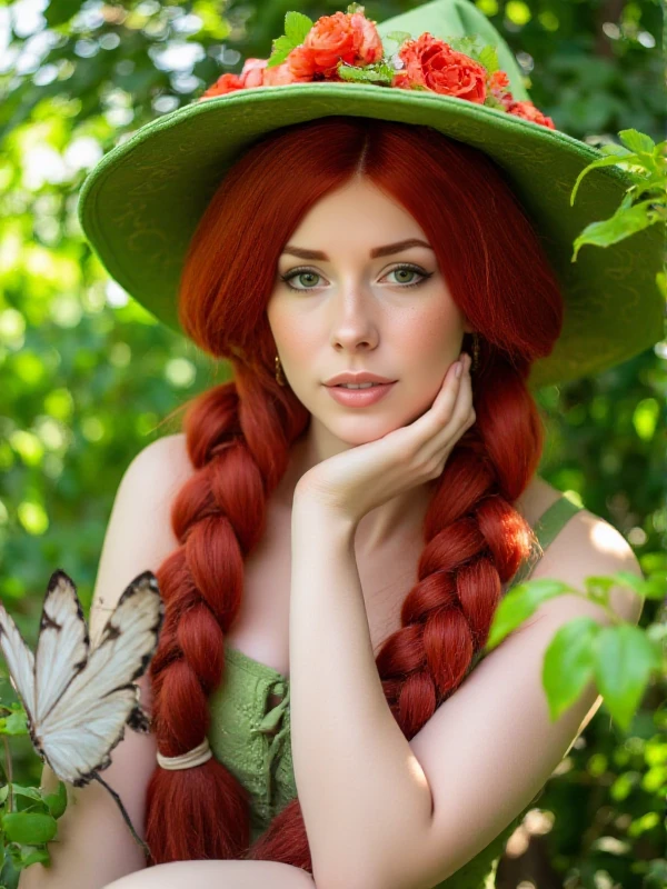 <lora:Mirabel_Garlick:0.9> mirabel garlick, full body,  a woman with a hat with flowers and redhair long twin bread, freckles, green eyes, closeup face portrait in a garden.