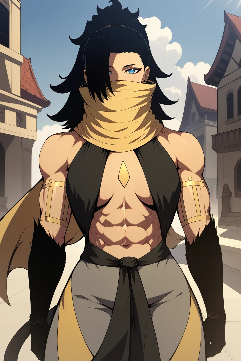 score_9, score_8_up, score_7_up, masterpiece, high quality, BREAK
 <lora:RinfahLoRA:1>rinfah, long hair, ponytail, hair over one eye, scarf, covered mouth, eyes open, blue eyes, scarf over mouth, bare shoulders, criss-cross_halter, muscular, abs, armlet, gem on chest, black gloves, elbow gloves, sash, baggy pants, tail,  cattail, yellow footwear, in a city, portrait