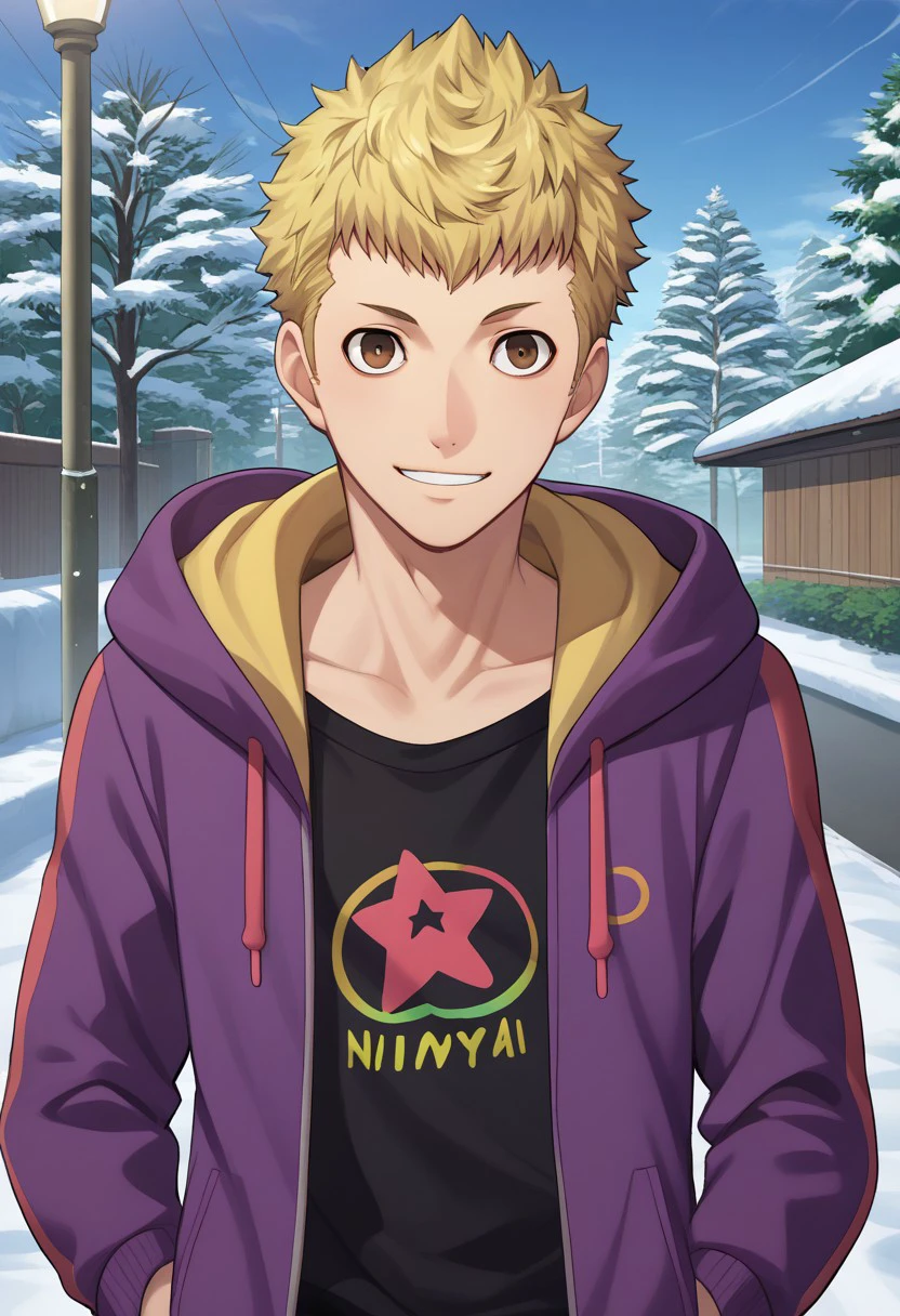 score_9, score_7_up, source_anime 
ryuji, 1boy, male focus solo, brown eyes, blonde hair, short hair, hoodie, purple hoodie, hood, open hoodie, open clothes, shirt, black shirt,  smile,
outdoor,  winter,