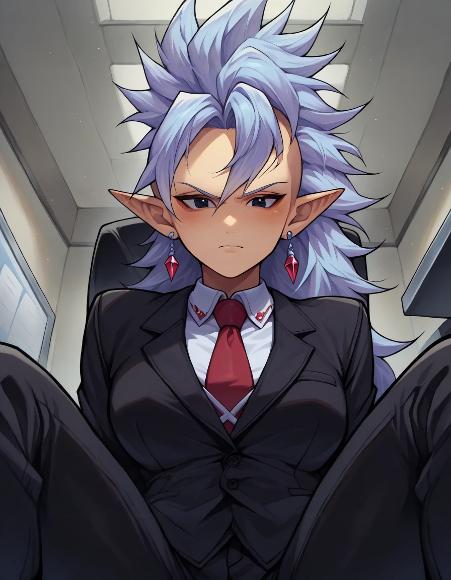 masterpiece, best quality, office, indoors, sitting, chair, 1girl, solo, closed mouth, dbwsk, long hair, light blue purple hair, spiked hair, mohawk, black eyes, pointy ears, red earrings, potara earrings, black jacket, red necktie, white collared shirt, black pants, looking at viewer, confused, blush, spread legs, pov, solo focus, from below <lora:West_Supreme_Kai_V2:0.6>