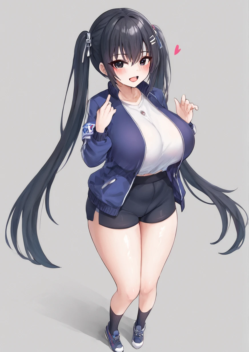 1girl, yoshii hotori, huge breast, armband, bike shorts, black eyes, black hair, blush, breasts, chibi, hair ornament, heart, jacket, long hair, open clothes, open jacket, open mouth, shoes, shorts, socks, solo, track jacket, twintails,  zPDXL3 <lora:FluffyEbi01:1>