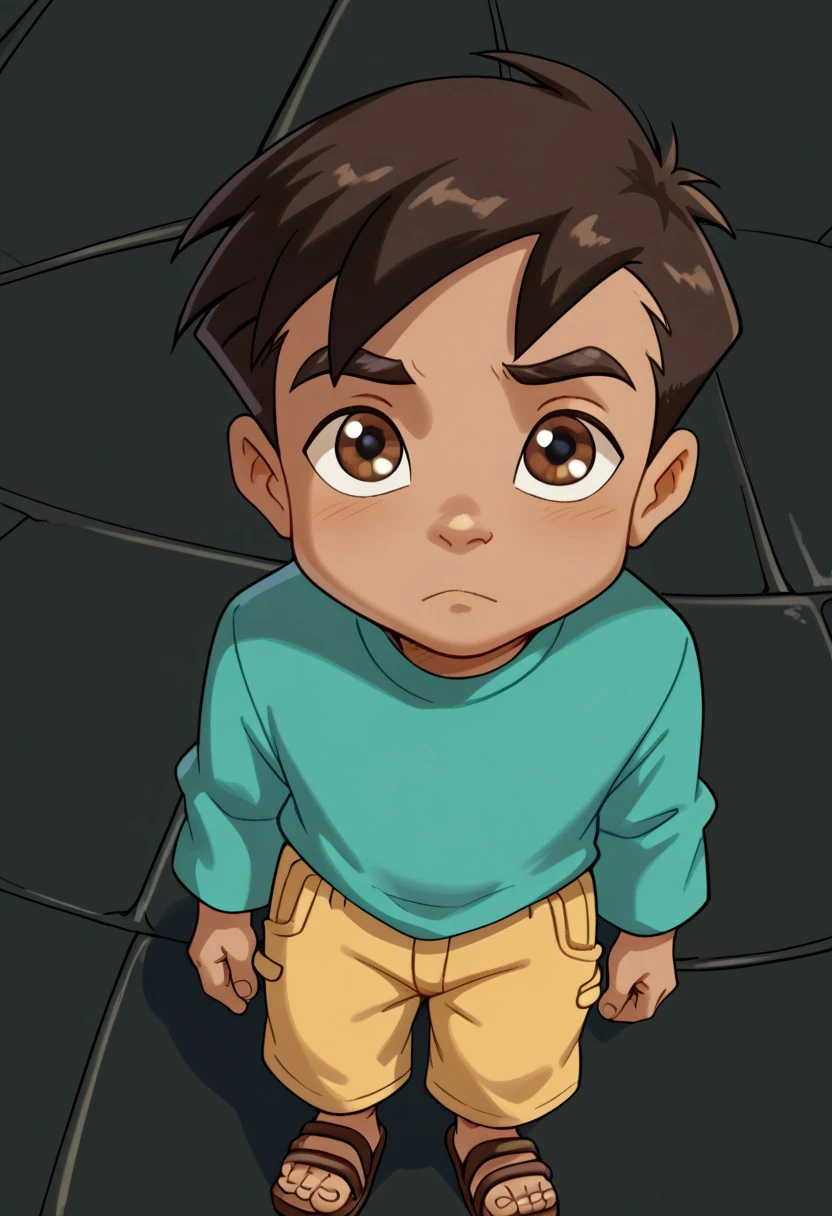 score_9, score_8_up, score_7_up, highly detailed, CuteCartoonStyle, cute, Score_9, Score_8_up, Score_7_up   <lora:Paco - the jackie chan:1>,paco-thejackiechanadventures, 1boy, male, brown eyes, short spiky brown hair, brown eyebrow, thick eyebrow, full body, 1boy, male focus, solo, brown eyes, looking up, shorts, dark skin, sandals, dark-skinned male, brown hair, shirt, male child, full body, black hair, from above, child, green long-sleeved shirt, yellow knee-length shorts with pockets, brown sandals, cartoon art style, vibrant colors, soft shading
 ,  <lora:Cute Cartoon ArtStyle:1>CuteCartoonStyle