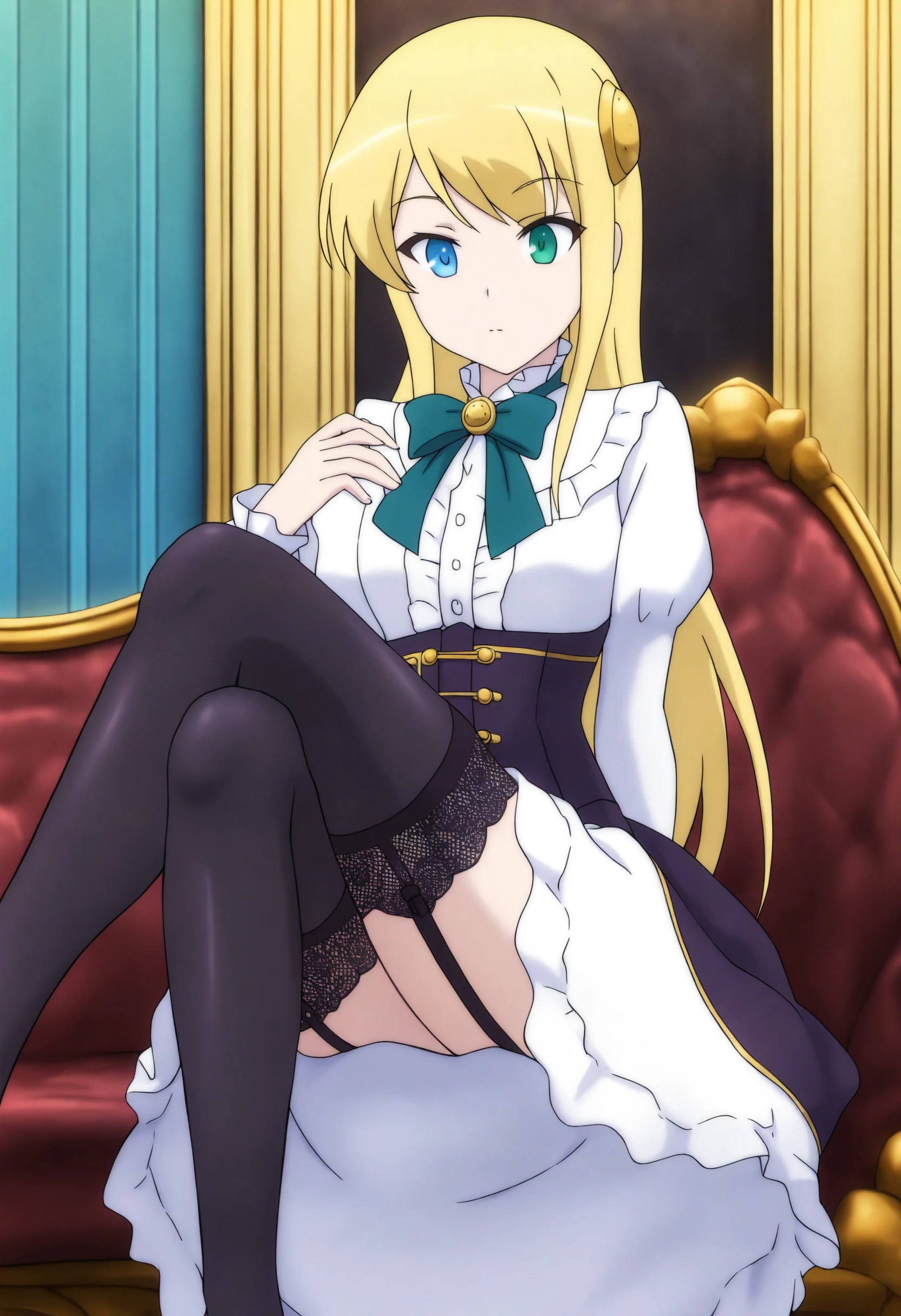 <lora:Yumina Ernea Belfast - [In Another World With My Smartphone] - illustriousXL v1:1>, sysdeep_yumina, blonde hair, heterochromia, blue eye, green eye, solo, indoors, victorian parlor, lace corset, stockings, sitting on a velvet chaise lounge,