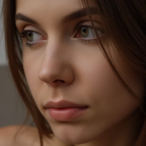 Close-up portrait of a serene woman, gentle expression, subtle background blur, emotional depth