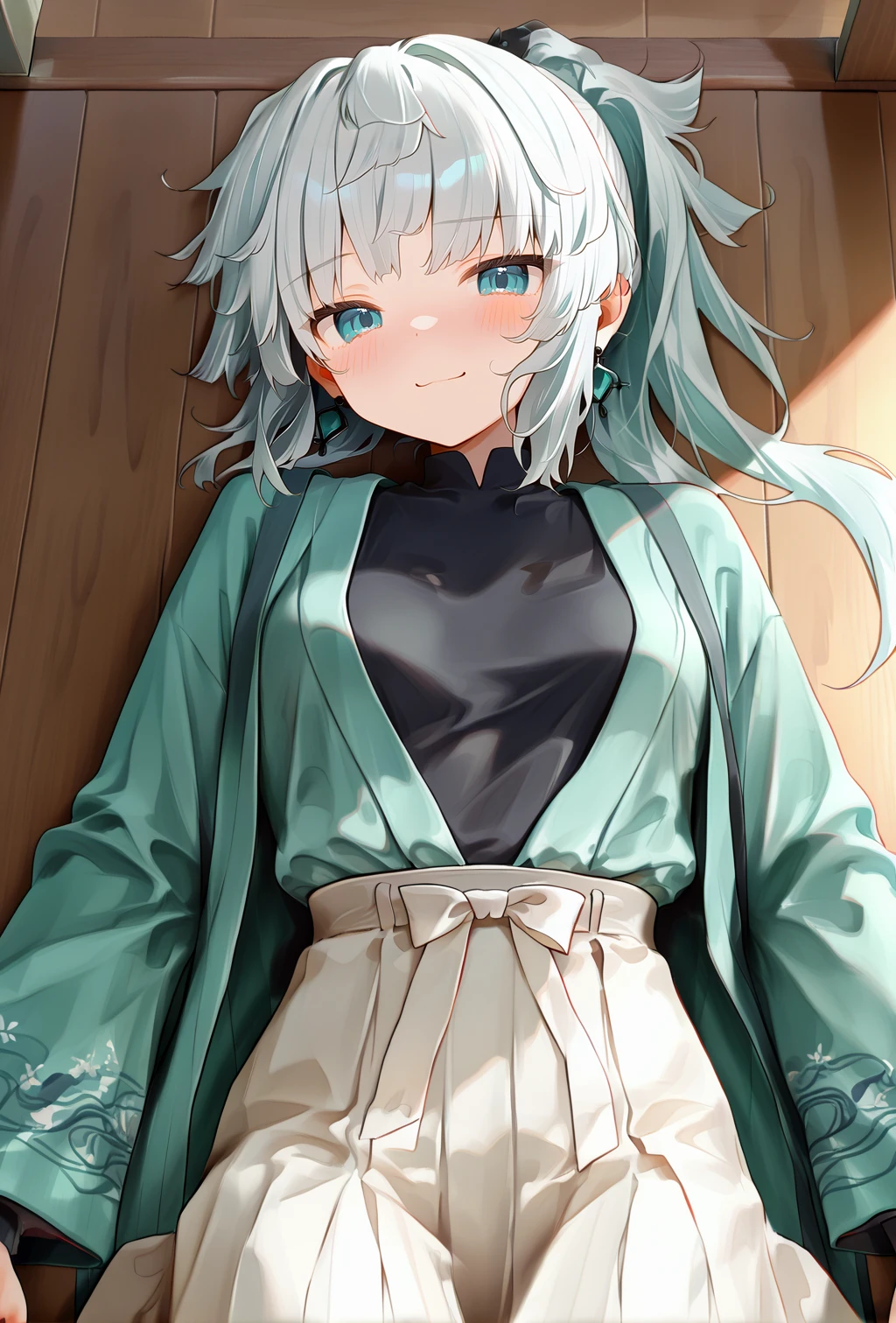 score_9, score_8_up, score_7_up, 1girl, general, <lora:yui_shousetsu:1>, japanese clothes, aqua kimono jacket, open jacket, dark blue shirt, blue eyes, white skirt, hakama skirt, ponytail, (kishimen hair:1.15), white hair, wide sleeves, earrings, lying, blush, smile, half-closed eyes, embarrassed, blush, looking at viewer, masterpiece, best quality, amazing quality, very aesthetic, absurdres, newest, scenery, <lora:nyalia:0.35>, <lora:deal360acv illustrious 006:0.45>, <lora:dj_sloppa_ill_v2:0.2>