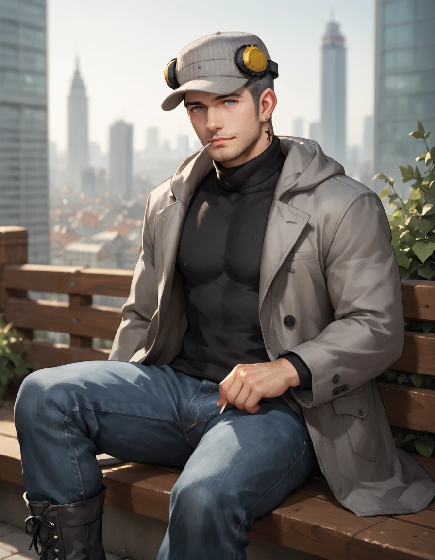 score_9, score_8, score_7_up, score_6_up, score_5_up, solo, outdoors, cityscape
BREAK <lora:Persona_5_-_Munehisa_Iwai_-_Pony_2:0.7>, (m_iwai, grey hair, mature male, grey eyes, short hair, stubble, neck tattoo, grey hat, ear protection, multiple earrings, black turtleneck, grey long coat, jeans, boots), sitting, looking at viewer, lollipop in mouth