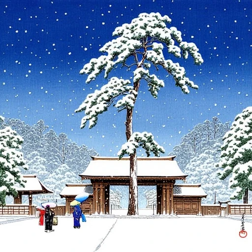 A serene snowy Japanese landscape featuring a tall pine tree covered in fresh snow. Below, three figures in colorful traditional attire walk with umbrellas under softly falling snowflakes. A wooden gate and fence frame the tranquil scene, while the deep blue sky enhances the contrast of snow and trees. The setting evokes peace, winter elegance, and a timeless connection to nature and tradition. by Hasui Kawase