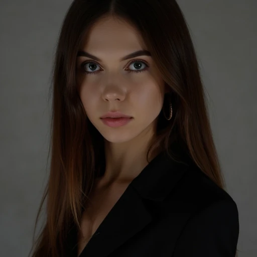 Close-up portrait of a confident woman, focused gaze, dramatic lighting, minimalist background