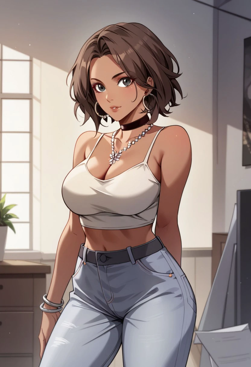 score_9, score_8_up, score_7_up, BREAK, Leah_Assistant, dark-skinned female, short hair, brown hair, brown eyes, large breasts, hoop earrings, pearl necklace, bracelet, black choker, cleavage, white tank top, crop top, midriff, black belt, jeans, 1girl, solo,