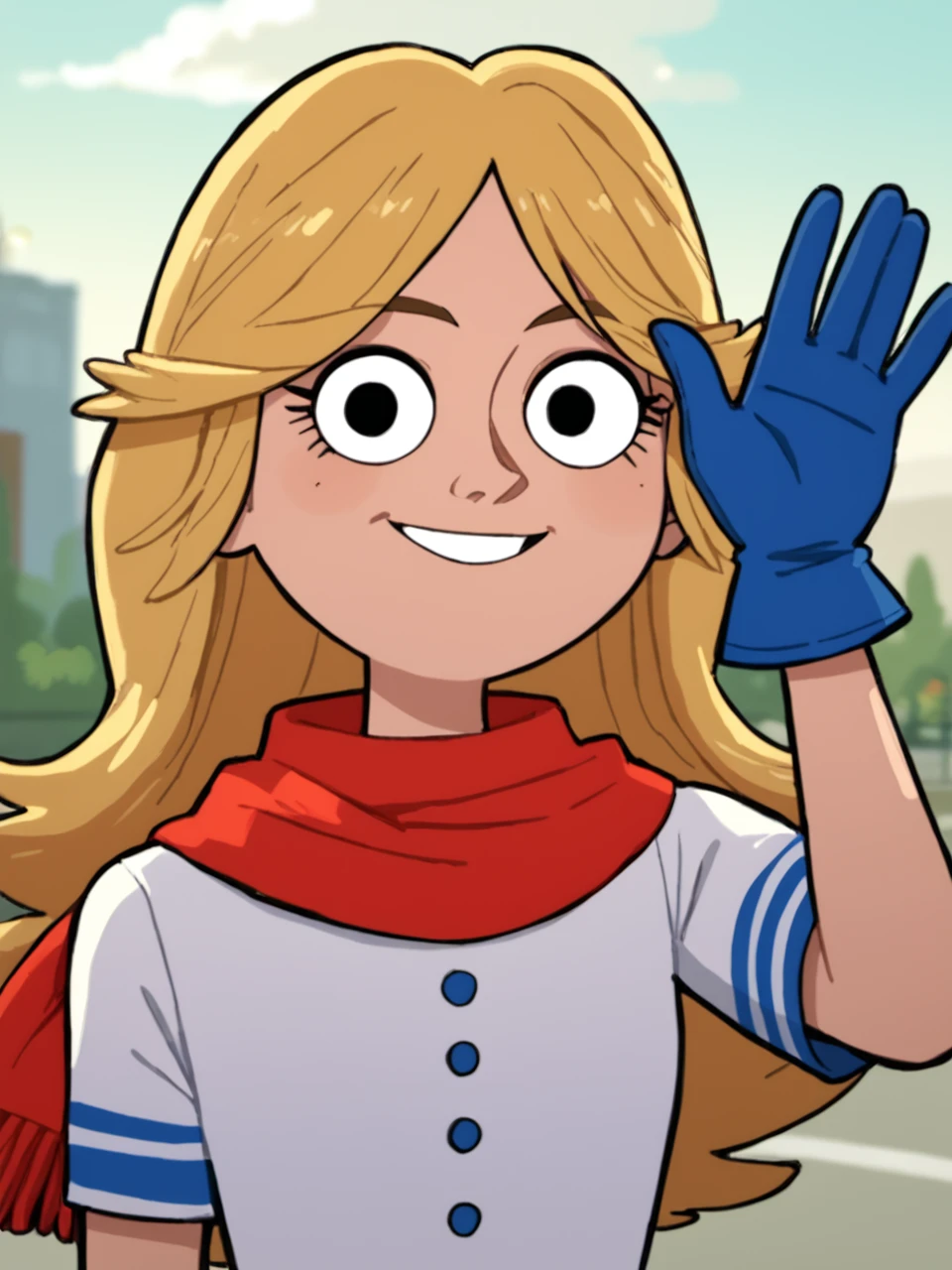 score_9, score_8_up, score_7_up, BREAK, J3nny, 1girl, solo, long hair, blonde hair, dress, red scarf, black eyes, blue gloves, smile, upper body, raise left arm, day, outdoor, waving, looking at viewer, Volumetric Lighting <lora:Jenny-000009:0.9>