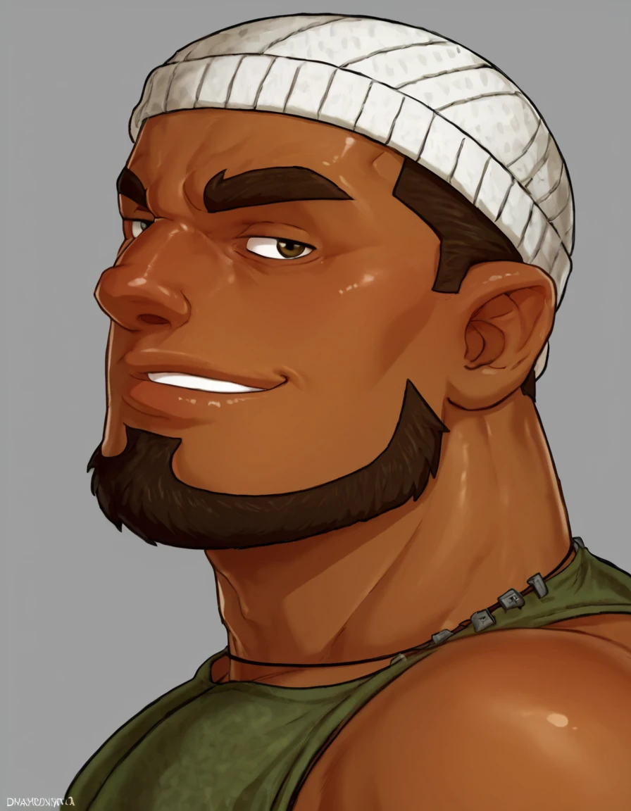 1man, solo, alone,
simple background,
 from side, 
2d art, digital art,
<lora:djtdipxl:0.7> djtdipxl, dj (tdi), muscular male, dark skinned man, broad shoulders, handsome, masculine, white beanie, chin curtain, goatee, (button eyes:1), bara,
green tshirt , grey shorts, sandals,
<lora:1dkXLP:0.7> 1DK,
 <lora:rokudenashi01c:0.8> rokudenashi,, score_9, score_8_up, score_7_up,