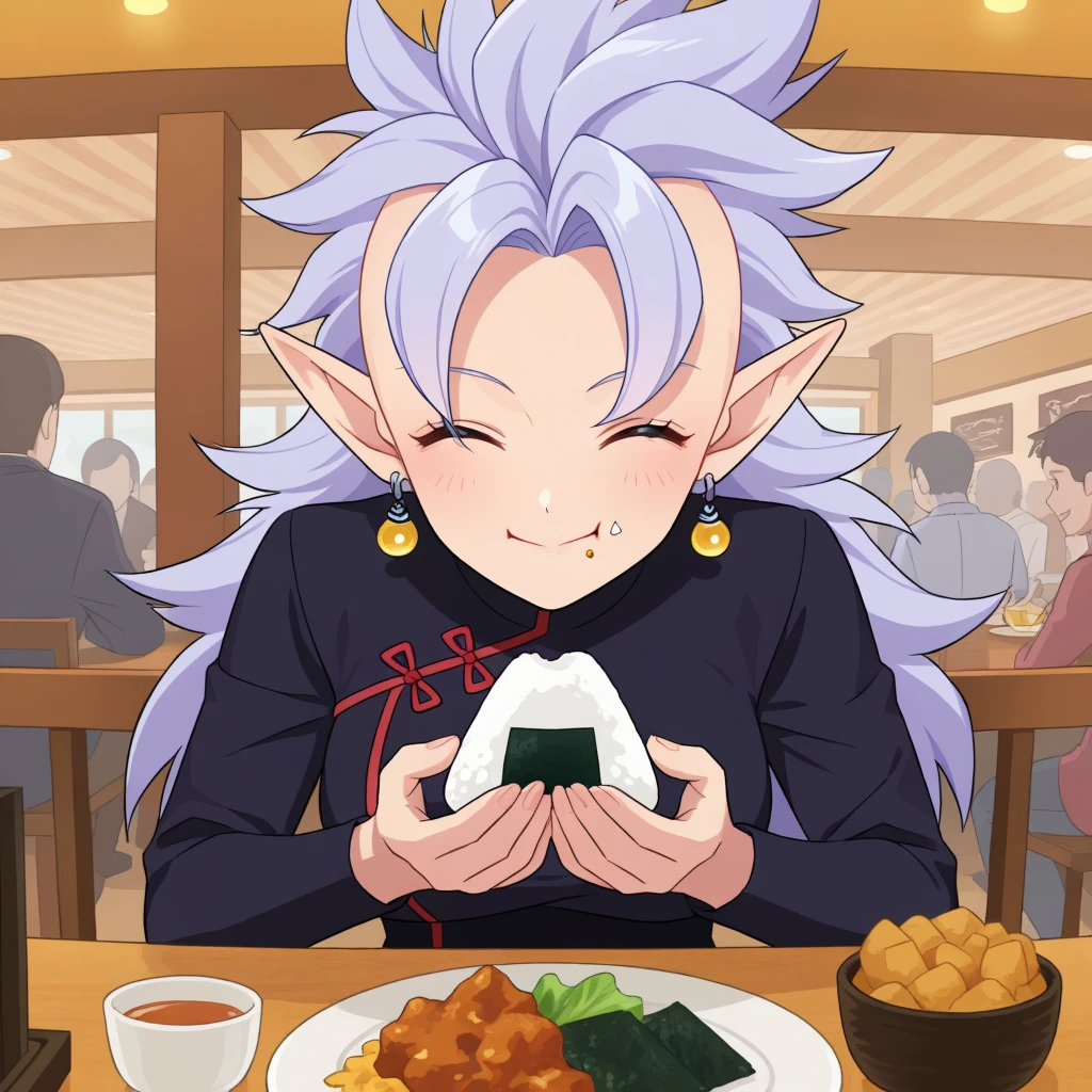 masterpiece, best quality, bold line, flat colors, sitting, pov across table, restaurant, crowd, food, indoors, 1girl, solo, long hair, light blue purple hair, spiked hair, mohawk, closed eyes, pointy ears, red earrings, potara earrings, dress, long sleeves, eating, food on face, holding food, onigiri, smile,  <lora:West_Supreme_Kai_V2:0.6>