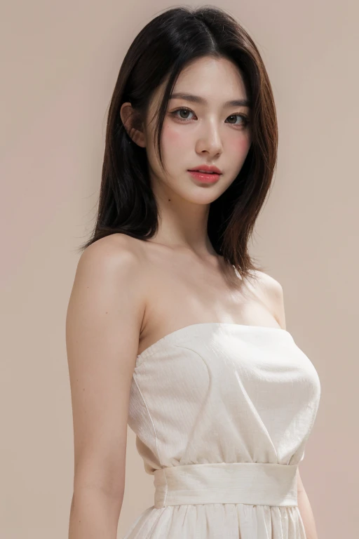 masterpiece, best quality, ultra-detailed, ultra high res, (photorealistic:1.4), raw photo, (realistic:0.2), 8k HDR, realistic cool temperature lighting, 1girl, (asian:0.2), solo, asymmetrical hair, indoor, looking at viewer, (simple pastel background:1.2), bokeh, (detailed lips), (detailed pores), (detailed skin textures), (detailed face:1.2), (upper body:1.2), a woman in a standing pose, (sundress:1.2), promotional image, a character portrait,