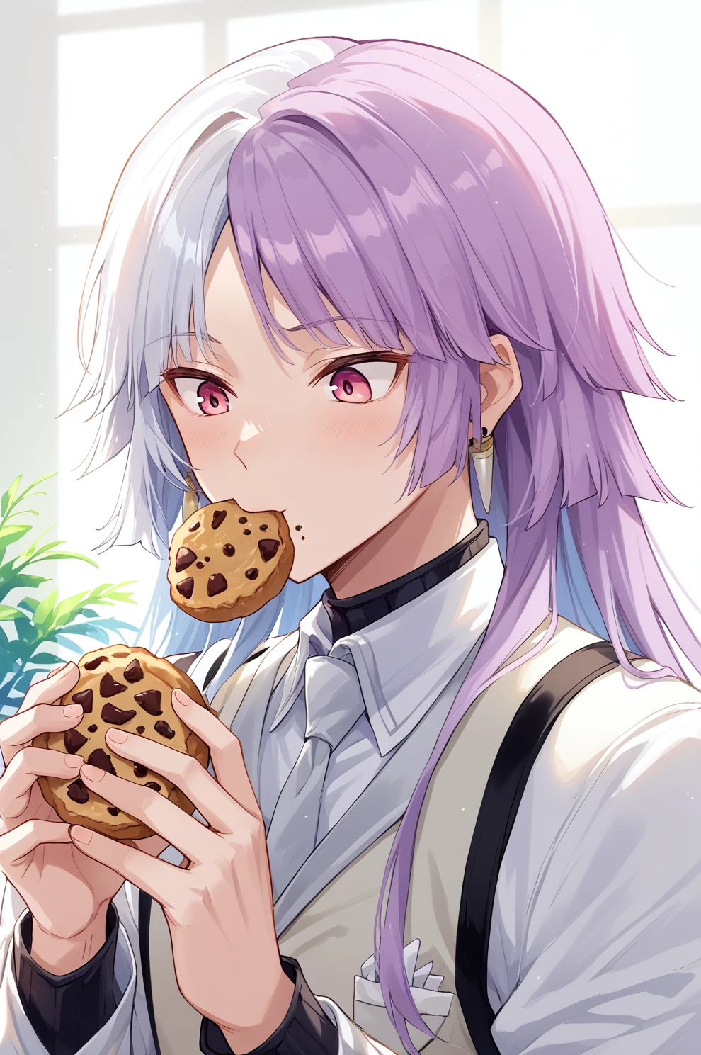 score_9, score_8_up, score_7_up, source_anime, perfect lines,  1boy, male focus, bsdsigma, sigma default outfit, holding food, cookie, eating, closed mouth, :t <lora:sigma:1>