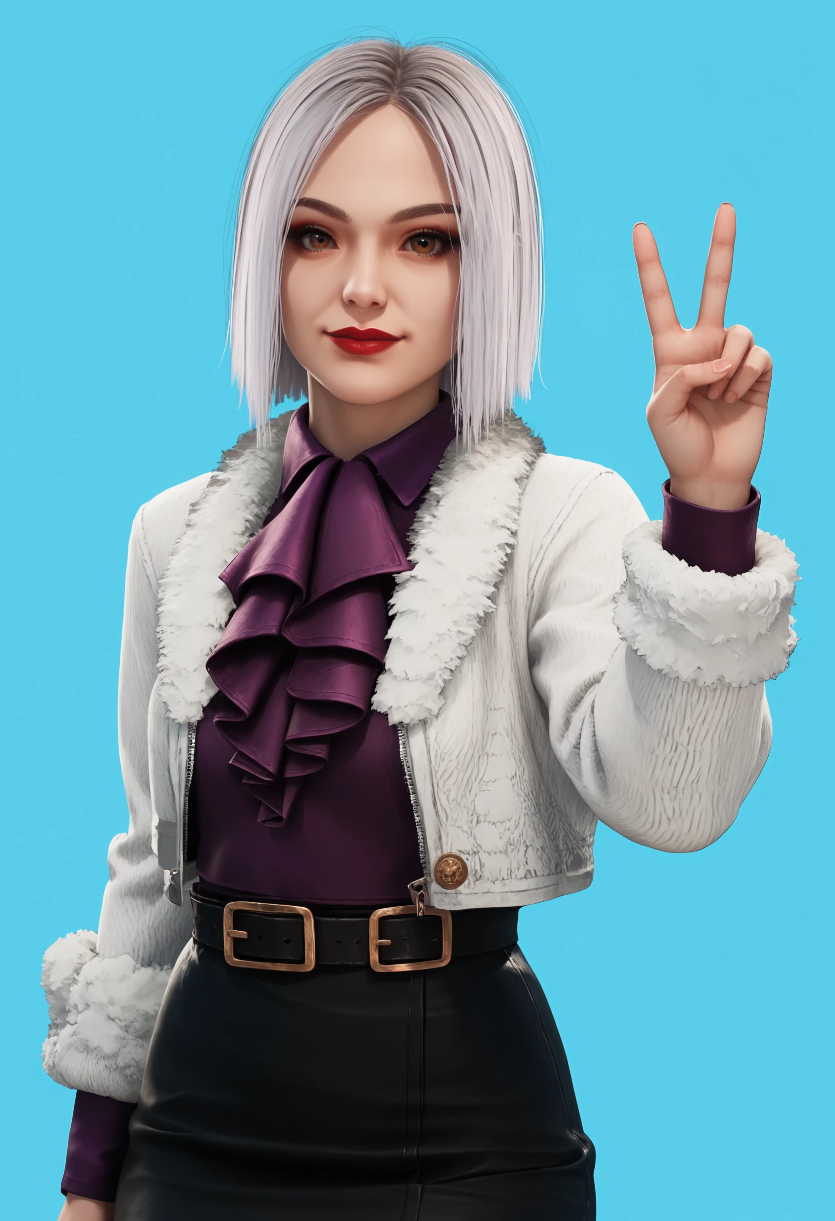 score_9, score_8_up, score_7_up, score_6_up, score_5_up, score_4_up, 1girl, <lora:YunjinDBD:0.85> brown eyes, short hair, white hair, lipstick, makeup, ascot, lips, jacket, fur trim, skirt, black skirt, black footwear, upper body, standing, looking at viewer, smile, v sign, 
light blue background, simple background,