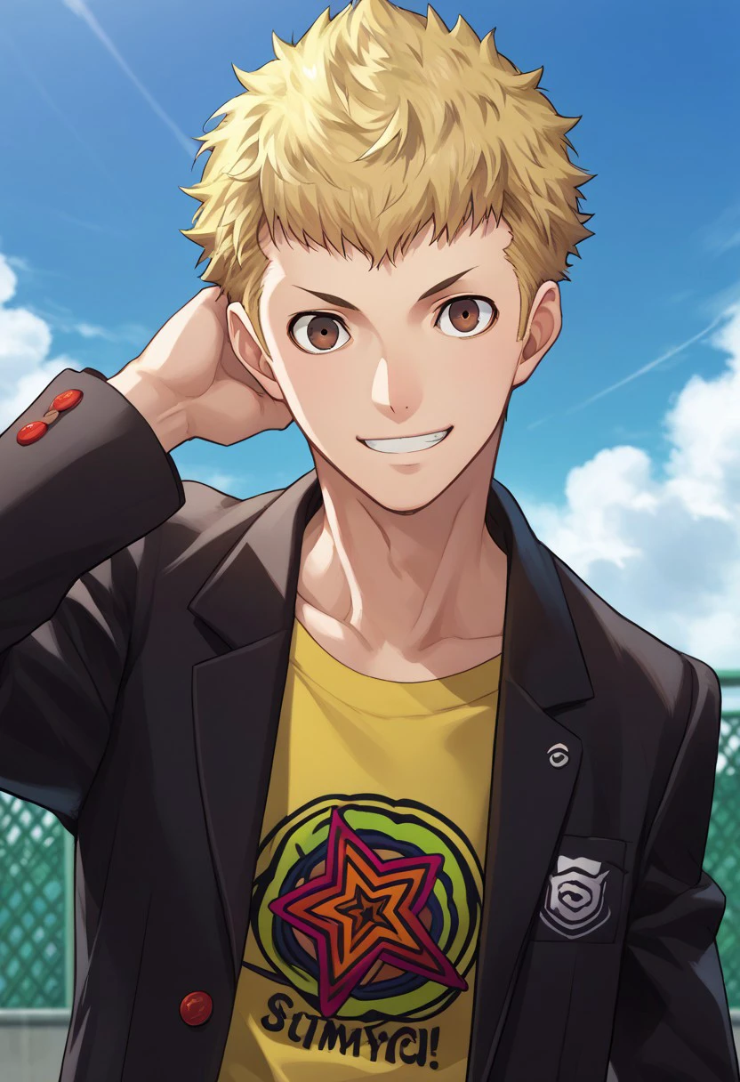 score_9, score_7_up, source_anime 
ryuji, 1boy, male focus solo, brown eyes, blonde hair, short hair, school uniform, shirt, yellow shirt, print  shirt, jacket, black jacket, long sleeves, open jacket, open clothes, smile
outdoor, sky,