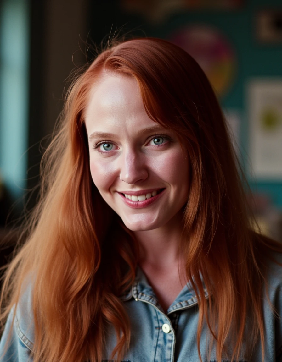 A full body shot of a red haired young woman, wearing casual clothes. She has bright beautiful face makeup, and her expression is calm and contemplative happy. She's looking at the viewer.  She's at school. Her smile is innocent, naive and sincere. The image is high-contrast, with deep blacks and blurry highlights. Camera Settings: Captured with a Canon EOS-1D X Mark III, 85mm lens, f/1.8, with high dynamic range to make the hair glow against the dark background.  <lora:Alice - nightmare on elm street 4:1>