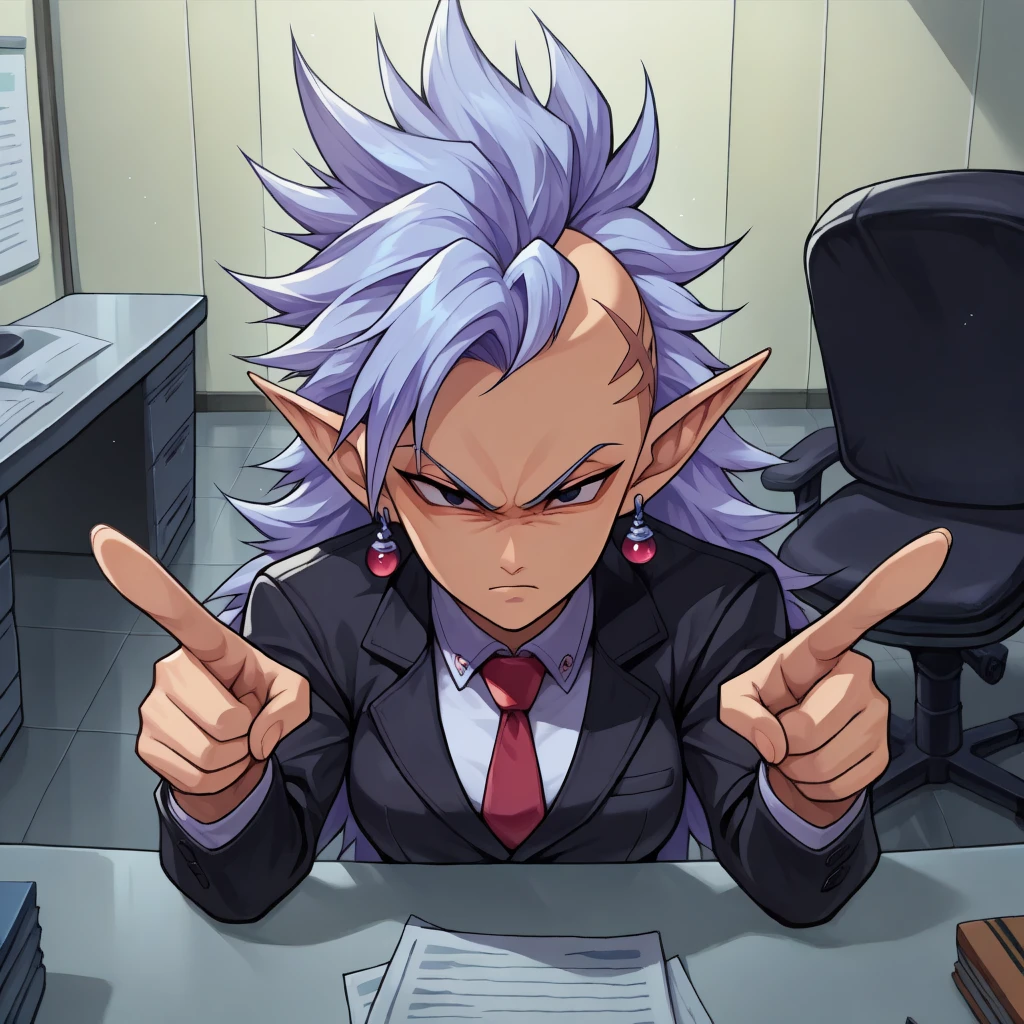 masterpiece, best quality, office, indoors, sitting on office chair, pov across table, 1girl, solo, closed mouth, dbwsk, long hair, light blue purple hair, spiked hair, mohawk, black eyes, pointy ears, red earrings, potara earrings, black jacket, red necktie, white collared shirt, looking at viewer, angry, pointing at viewer, minimalistic <lora:West_Supreme_Kai_V2:0.6>