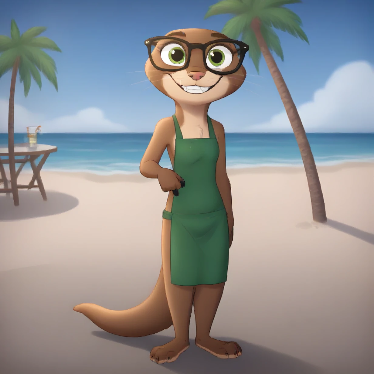 Sam+, otter, beach, palm trees, beach bar, tiki bar, barista outfit, looking at viewer, arm support, lounging, standing, smile, teeth