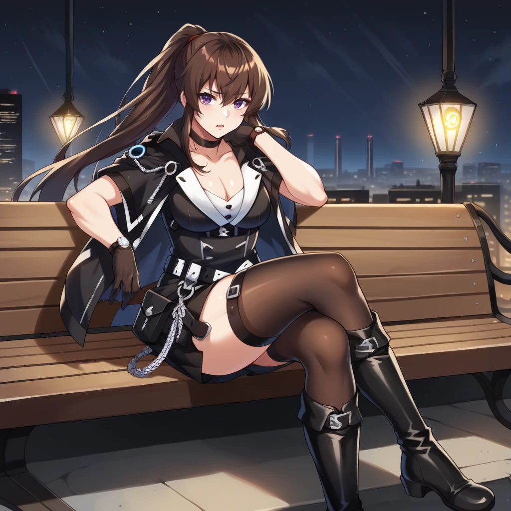 score_9_up, score_8_up, score_7_up, source_anime, 1girl, solo, cityscape, night, street view, street lamp, sitting on bench, spread arm rest, crossed legs, knee boots, looking at you, bored, open mouth, alt black footwear, Mina, CS_Alt, black thighhighs, single arm warmer, alt black gloves, wristwatch, white bra, cleavage, short sleeves, alt black sleeves, underbust, black choker, long skirt, black skirt, open skirt, alt jacket, alt black jacket, collared jacket, black capelet, belt pouch, two-tone belt, jewelry, alt black footwear, knee boots, brown hair, long hair, ponytail, purple eyes, mature body, dynamic cowboy shot, 