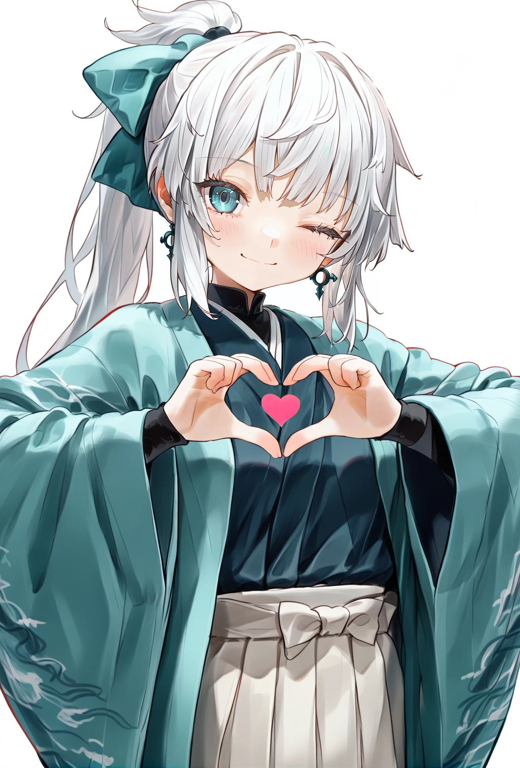 score_9, score_8_up, score_7_up, 1girl, general, <lora:yui_shousetsu:1>, japanese clothes, aqua kimono jacket, open jacket, dark blue shirt, blue eyes, white skirt, hakama skirt, ponytail, (kishimen hair:1.15), white hair, wide sleeves, earrings, blush, heart hands, one eye closed, smile, looking at viewer, (white background:1.3), masterpiece, best quality, amazing quality, very aesthetic, absurdres, newest, scenery, <lora:nyalia:0.35>, <lora:deal360acv illustrious 006:0.45>, <lora:dj_sloppa_ill_v2:0.2>