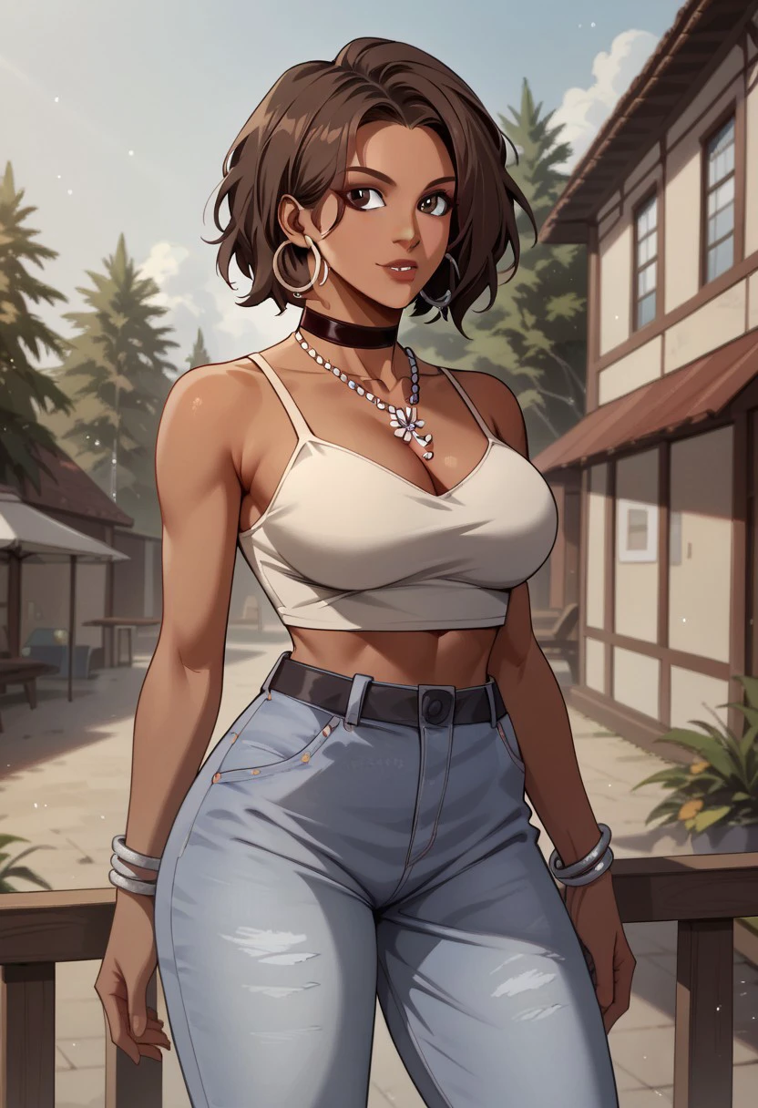 score_9, score_8_up, score_7_up, BREAK, Leah_Assistant, dark-skinned female, short hair, brown hair, brown eyes, large breasts, hoop earrings, pearl necklace, bracelet, black choker, cleavage, white tank top, crop top, midriff, black belt, jeans, 1girl, solo,