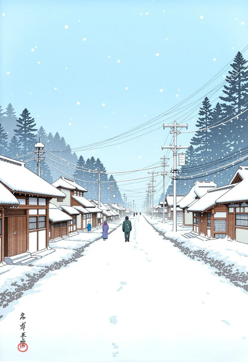 Snow falling on a rural japanese village by Hasui Kawase, Hkawa