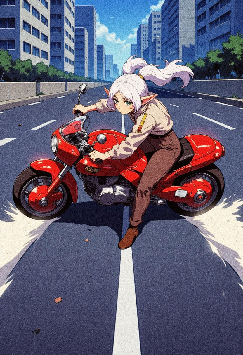 Retro anime image of a woman sliding her large red motorcycle across the road, AkSlide,nereirfpnxl, frieren, elf, pointy ears, green eyes, white hair, twintails