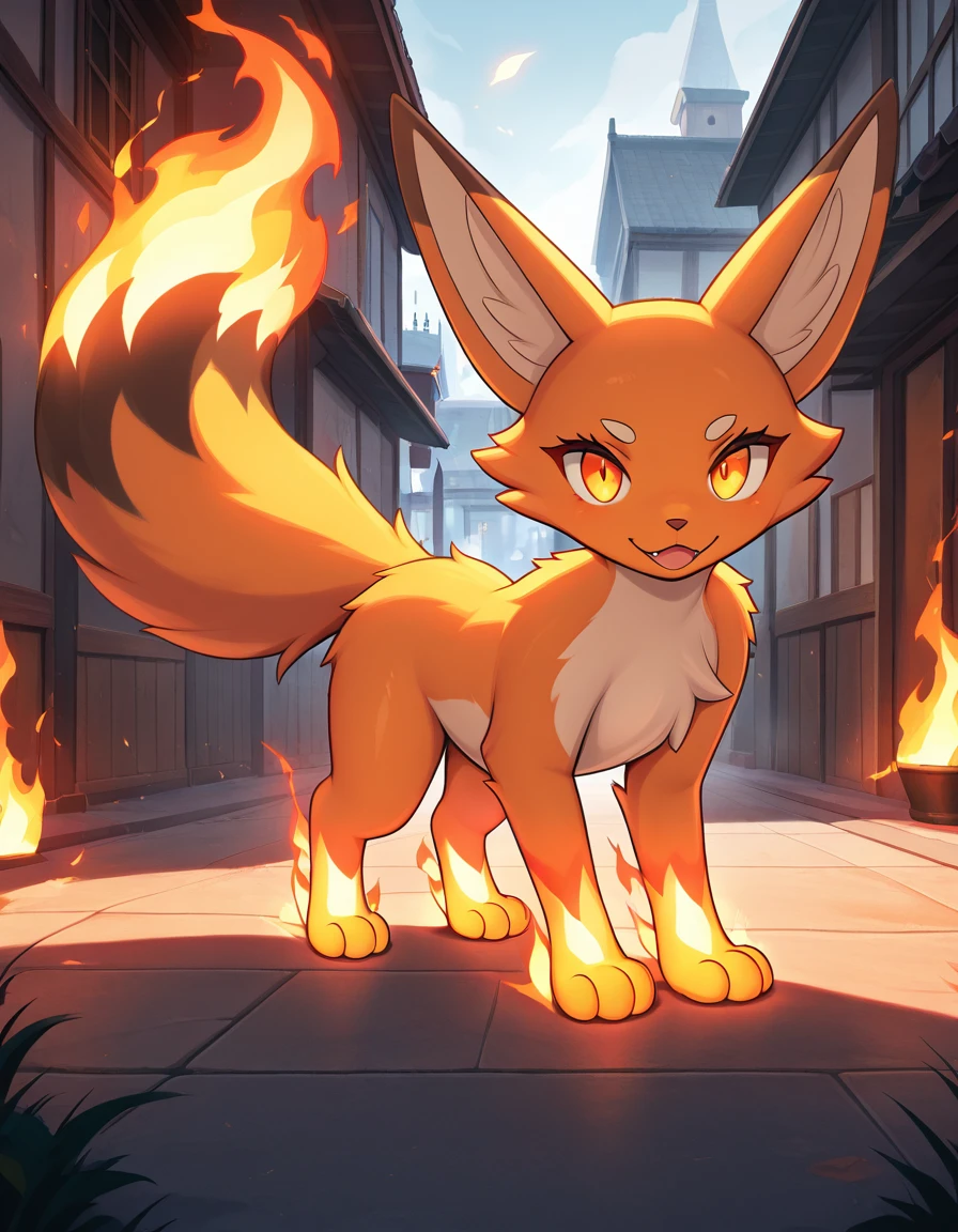 <lora:Palworld_Foxparks_V1[IL]:1>  foxparks,warm lighting, detailed-face, detailed-eyes, detailed-background, textured fur, flaming paws, flaming tail, furry, tail, glowing orange eyes, looking at viewer, happy, flames, 4 legs, detailed building, masterpiece,best quality,amazing quality,very aesthetic,absurdres,newest,