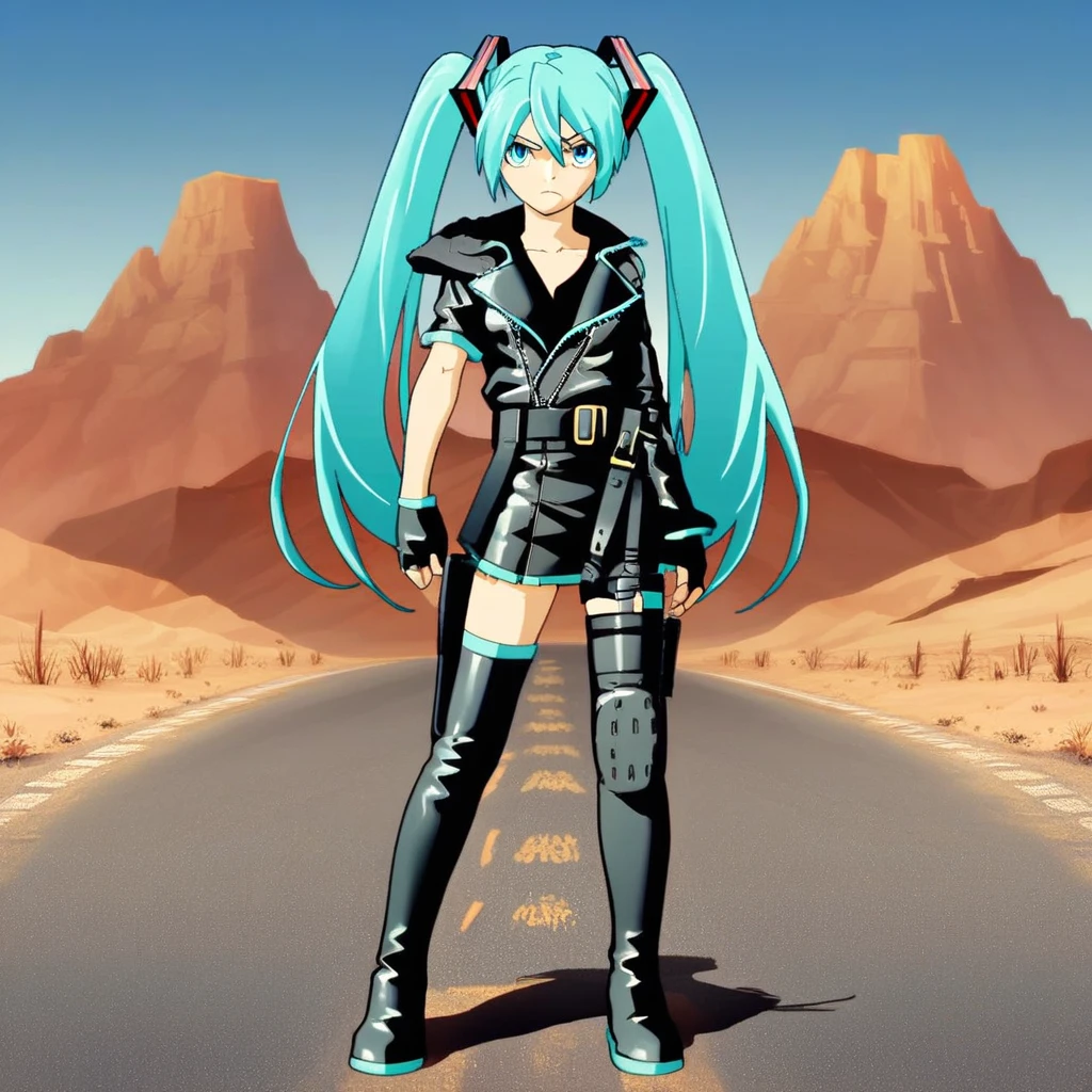 score_8, score_8_up, score_7_up, source_anime, anime screenshot, 1girl, female focus, solo,   Hatsune Miku, aqua hair, twintails, aqua eyes, Road_Wargear, leather jacket, asymmetrical clothes, zipper, zipper pull tab, asymmetrical sleeves, single pauldron, Fingerless gloves, black gloves, belt, belt buckle, black shirt, leather skirt, black skirt, thigh boots, thigh holster, looking at viewer, frown, full body, standing, outdoors, desert, road, blue sky,