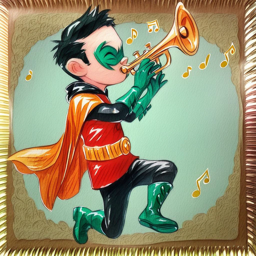 score_9, score_8_up, score_7_up, highly detailed, cute boy, RobinMiniGotham,1boy, male focus, solo, male, young, short spiky black hair, green mask, red tunic, orange cape, yellow utility belt, black pants, green gloves and boots with laces, playing trumpet, musical notes in the air, confident posture, closed eyes, expressive and lively pose, whimsical tone, vibrant watercolor art