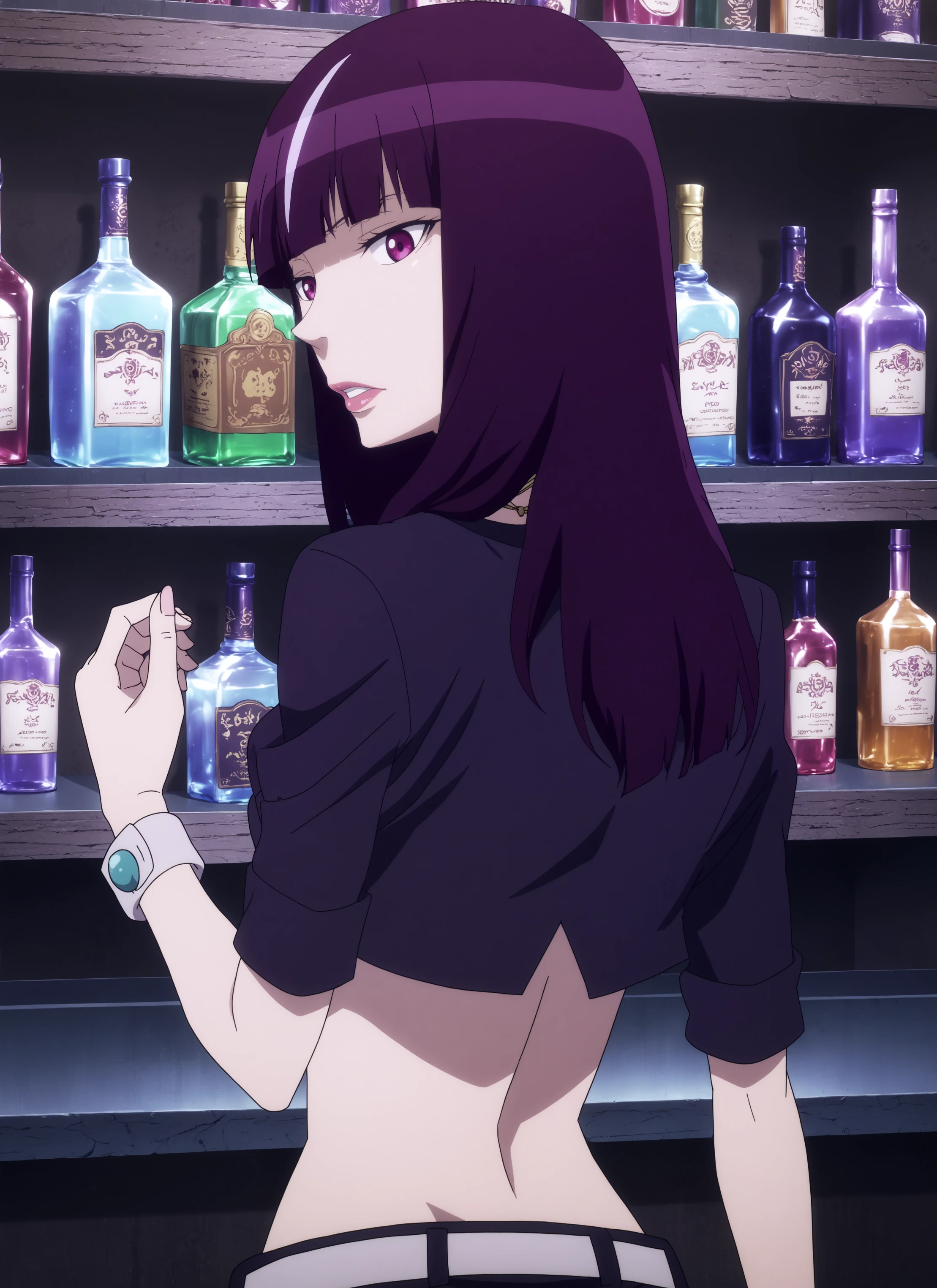  chiyuki,1girl,solo,long hair,blunt bangs,bangs,jewelry, necklace,lipstick,streaked_hair, multicolored_hair, lips,parted_lips, midriff,purple hair,turtleneck, belt,  from behind,looking back,   BREAK indoors,bar with alcohol,bar,purple light,gothic_architecture, low light  <lora:Chiyuki_-_Death_Parade.safetensors:1> <lora:detailed_backgrounds_v2.safetensors:0.6>,