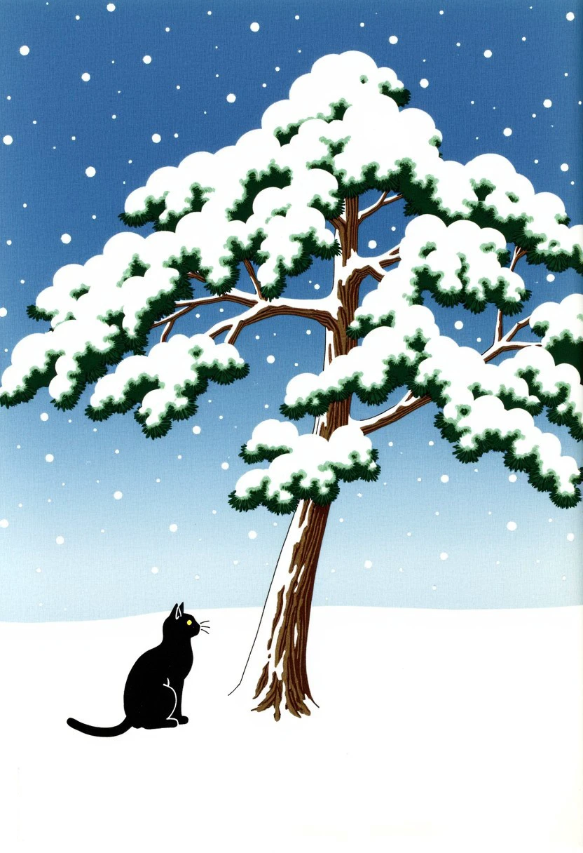 A cat sitting under a snow covered tree during a snowstorm, by Hasui Kawase, Hkawa