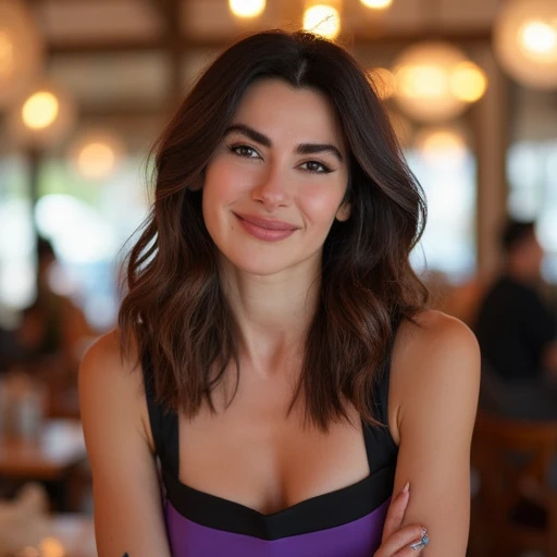 beautiful detailed photograph, brown hair cascading over her shoulders, makeup, wearing a boatneck dress, standing in a cafe, smiling