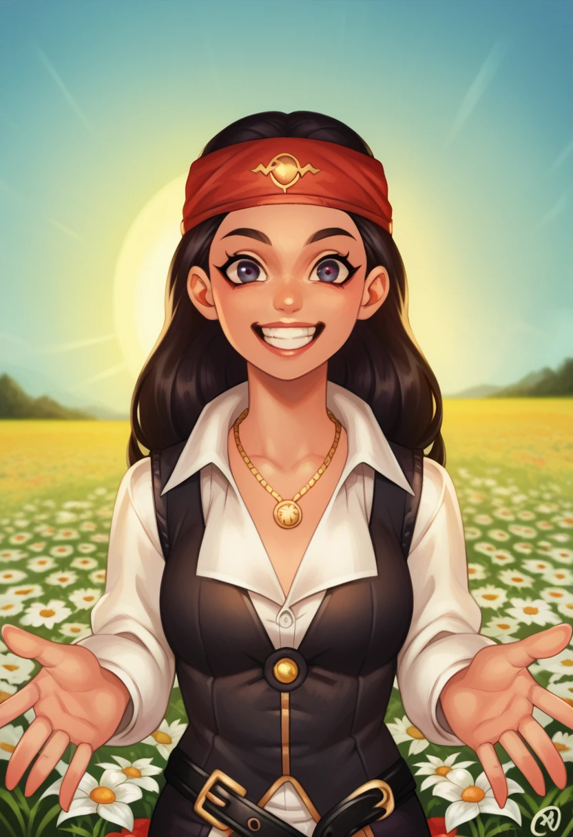 score_9, score_8_up, score_7_up, 1girl, solo, SulfS-PatR2, long hair, black hair, red headband, black vest, white shirt, necklace, red pants, black belt,
flower field, sun shine, smiling with teeth, upper body,
<lora:Patty_Steelbeard_Character__Outfit_-_Risen_2_Dark_waters:0.8>,   <lora:Artist_Style_-_Filemonte_PDXL:0.8> filemonte-dh,  <lora:Beckoning_XLPD:0.8> beckoning, reaching towards viewer,