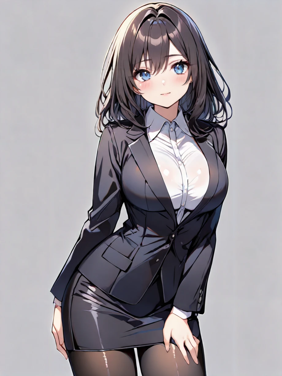 (masterpiece,ultra-detailed,best quality,8K,CG:1.2),illustration,(cute face,clean skin ,shiny hair,ultra-detailed-eyes:1.1),solo,1girl,large breasts,simple background, <lora:suit skirt_illustrious_V1.0:1> suit, pencil skirt, jacket, shirt,pantyhose