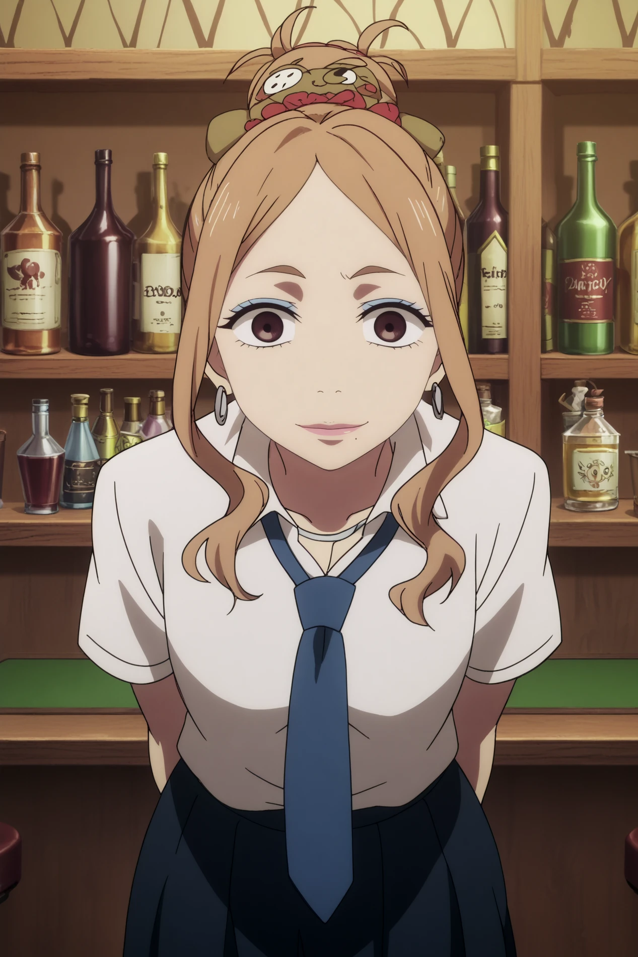 mayu arita,1girl,solo,jewelry,earrings, mole under mouth,mole,necktie,shirt,blue necktie,white shirt,makeup, looking_at_viewer, lipstick, single hair bun,school uniform,wrist scrunchie,scrunchie,smile  arms behind the back,leaning forward,   BREAK indoors,bar with alcohol,bar,purple light,gothic_architecture, low light  <lora:Mayu_Arita_-_Death_Parade.safetensors:1> <lora:detailed_backgrounds_v2.safetensors:0.6>,